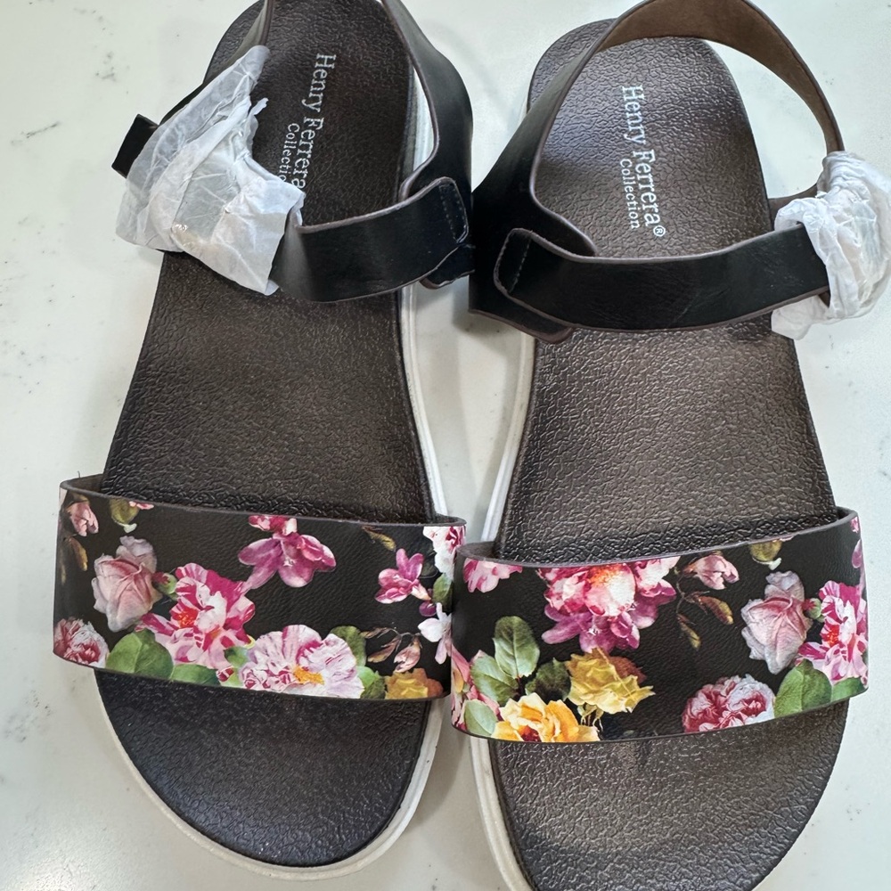 Henry Ferrera Black Sandals with Floral Design